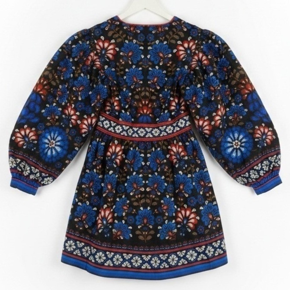 FARM RIO Latina Scarf Mini Dress Sz Medium Blue Mosaic Floral Cotton Long Sleeve - Picture 4 of 16